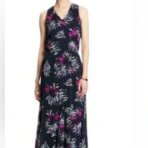 Bnana Republic Navy Floral V Neck Sleeveless Maxi Dress Elastic Waist Size 10